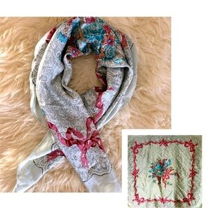 Silk Baby Blue Rose/ Pink Ribbon Paisley Scarf Vintage